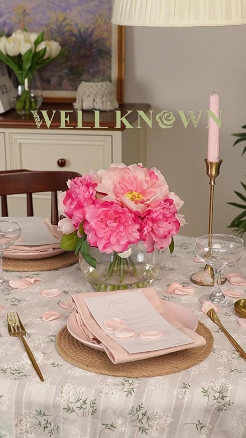 WELL KNOWN Artificial Flowers in Vase, Silk Peonies Bouquet with Faux Water, Fake Peony Pink Flower Arrangement for Home Wedding Birthday Party Dining Table Centerpiece Spring Decor & Mom's Gift