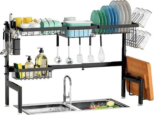 Over The Sink Dish Drying Rack,Expandable 2-Tier Stainless Steel Over The Sink Dish Rack with Utensil Holder Dish Drainers for Kitchen Counter