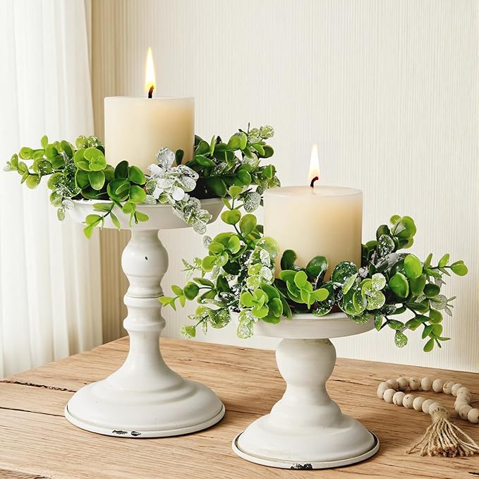 Rustic Iron Pillar Candle Holder: White Farmhouse Candle Holder with Greenery Wreaths Set of 2, Elegant Large Candle sticksholder Decor for Wedding, Coffee Table Centerpieces, Living Room, Home Decor