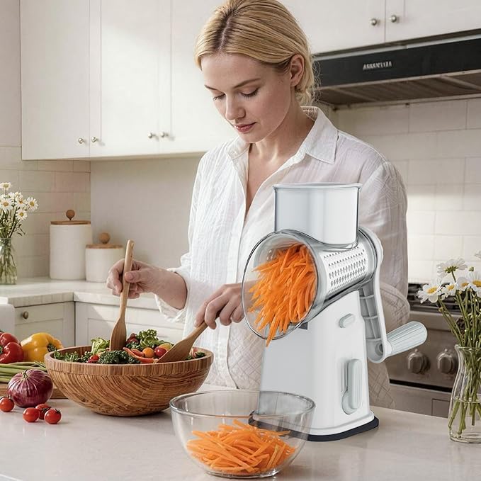 Ourokhome Rotary Cheese Grater Cheese Shredder with 5 Interchangeable Blades, Rotary Grater with Non-slip Suction Base Hand Crank Slicer for Vegetable Nuts White