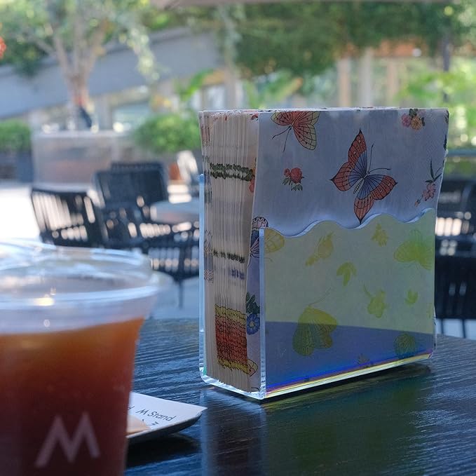 Acrylic Napkin Holder for 5-7 Inch Napkins - Prism Wavy Edge Design, Tabletop Dispenser for Cocktail & Dinner Napkins in Kitchen, Bar, Restaurant