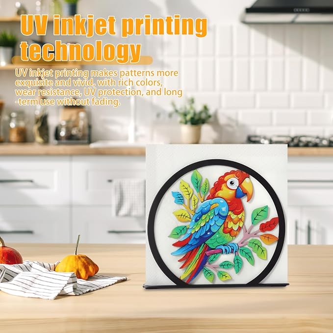 Modern Napkin Holder for Table Decor,Black Metal Napkin Dispenser fit Tissue Mail Bills Paper Towel Holders,Parrot Bird Tropical Napkin Holder,Napkin Stand for Home Kitchen Dining Restaurant Cocktail