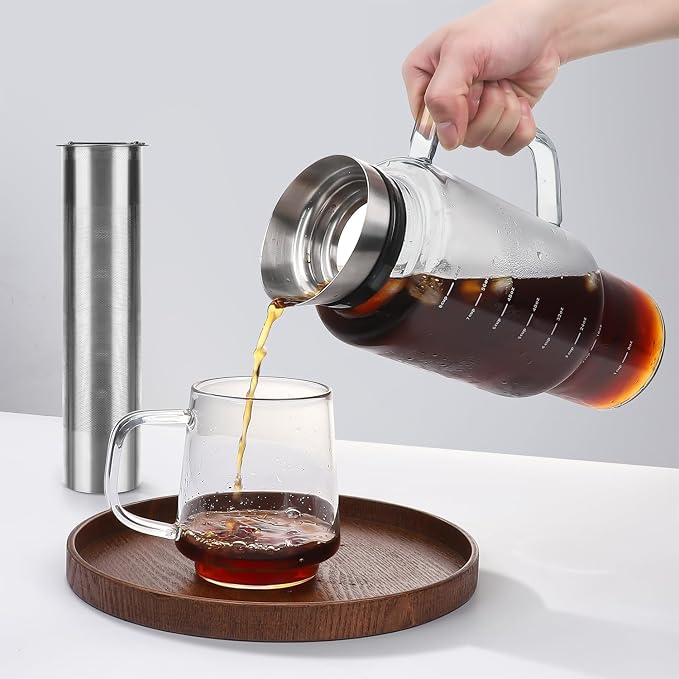 Aquach 68oz Cold Brew Coffee Maker, Borosilicate Glass Pitcher for Iced Tea | Dishwasher Safe, Up to 2 Weeks Fresh Aroma, Family Size, Refrigerator Fit, 304 Stainless Filter
