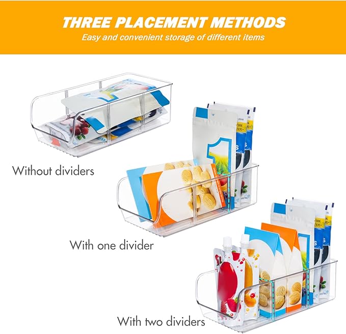 Snack Containers for Pantry, 2PCS 11x5.5x3.5 Snack Storage with Removable Dividers, Clear Plastic Bin, Stackable Organizer for Office, Fridge, Cabinet, Kitchen Containers