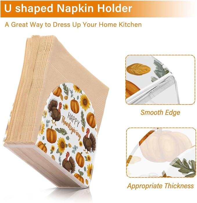 Napkin Holder Acrylic Napkin Holder for Table Kitchen Party Restaurant U Shaped Upright Napkin Dispenser Organizer Thanksgiving Turkeys Sunflowers White