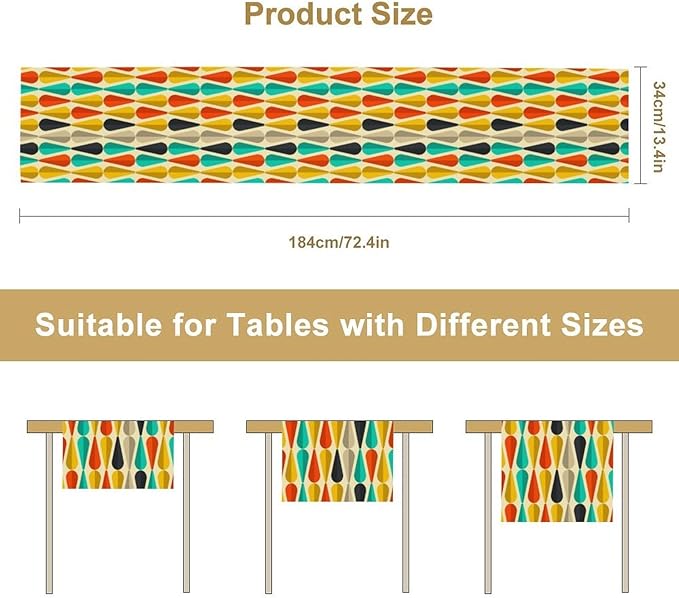 Mid Century Table Runner,Retro Colourful Droplet Shapes Abstract Geometric Table Runner for Home Indoor Outdoor Kitchen Holiday Birthday Party Wedding Decor 13x36 Inch