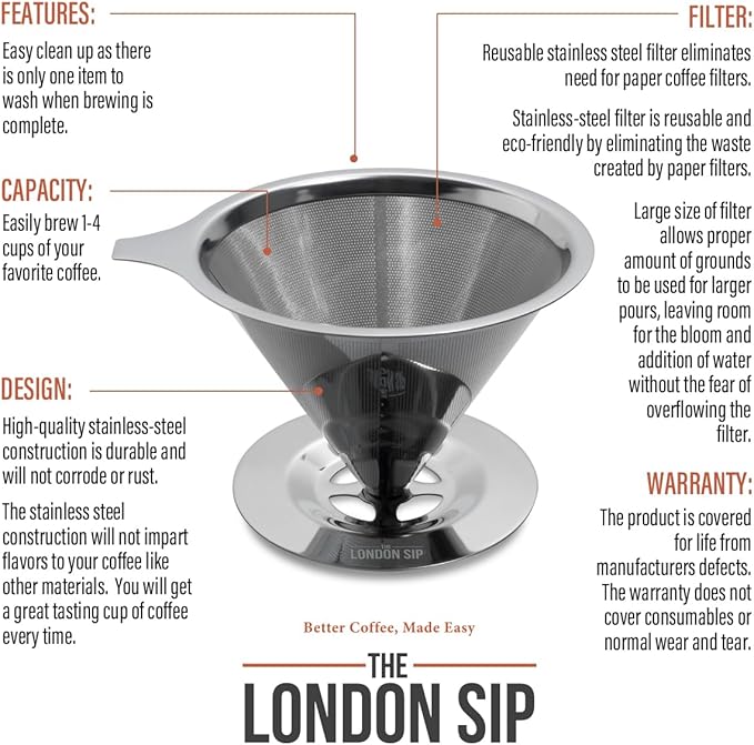 The London Sip Stainless Steel Coffee Dripper Pour Over Coffee Maker, Coffee Slow Brewing Accessories for Home, 1-4 Cup (Pack of 2)