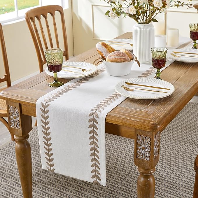 Wracra Embroidered Fall Table Runner Irregular Willow Leaf Table Runners 48 Inches Long for Dresser Home Dining Table Decor,14 x 48 Inch, Taupe