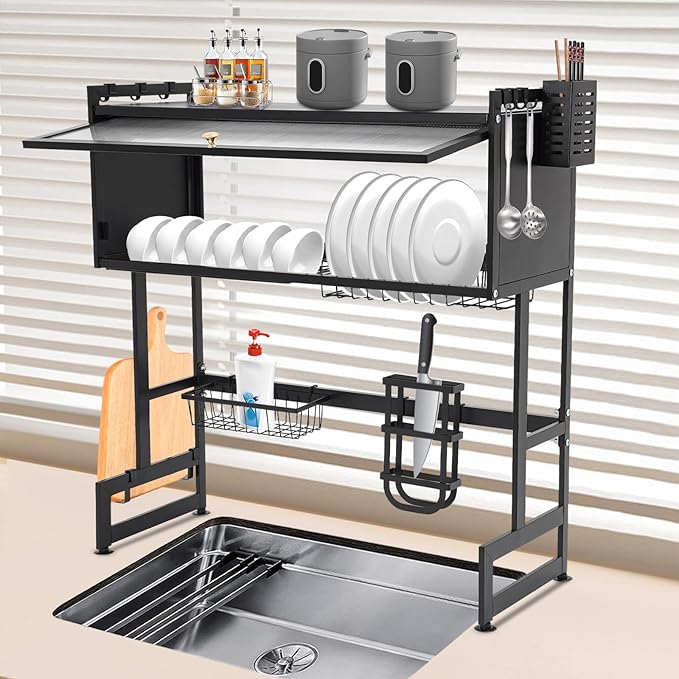 Over The Sink Dish Drying Rack 2 Tier Large Dish Drainer Drying Rack 29.53" W x 31.5" H Multifunctional Kitchen Organizers and Storage for Dishes, Glasses, Bowls, and Cutlery (Black)