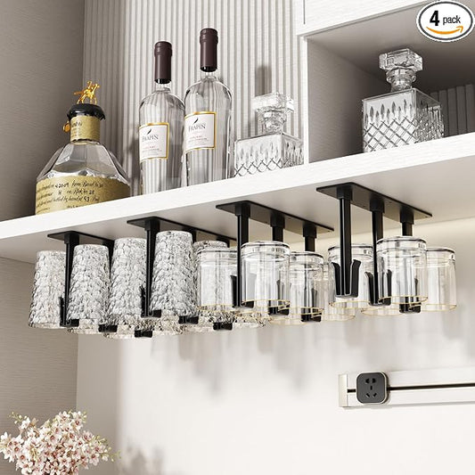 Wine Glass Holder, No Drilling Wine Glass Rack Under Cabinet | 4 Pack Black Wine Glass Holder Under Cabinet with Premium ABS, Quick to Install and Can Be Combined In Any Configuration