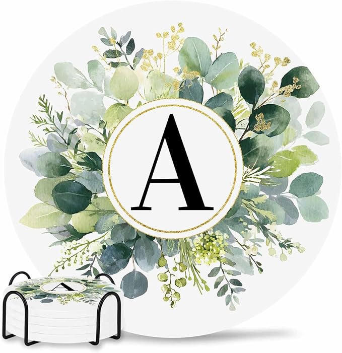 Coasters Set of 4 Letter A Drink Coasters with Holder Absorbent Stone Ceramic Cup Mat Alphabet Green Eucalyptus Leaves Coaster for Drinks Coffee Bar Office Kitchen Cafe Home Decor