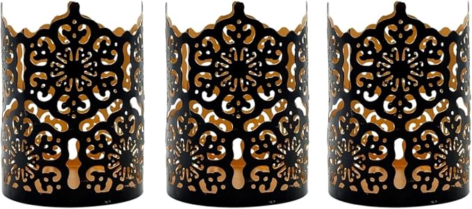 Hosley Set of 3 Black Metal Candle Holders 4 Inch High - Lattice Cut Lanterns for Table Centerpiece, Wedding, Home Decor, Indoor Outdoor