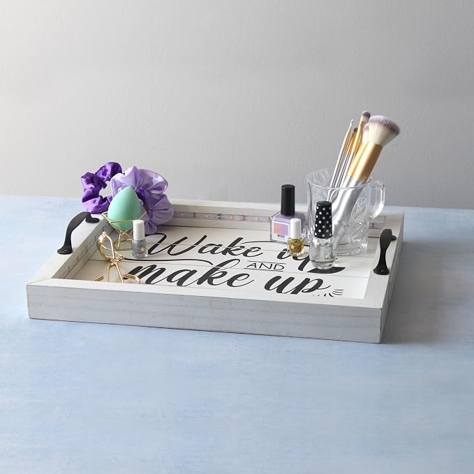 Elegant Designs HG2032-WWM Salento Farmhouse Rectangular Decorative LED Light Up Wooden Serving Tray w Metal Handles & Wake up and Make up in Black for Décor, Centerpiece, Breakfast, Bar, Whitewash