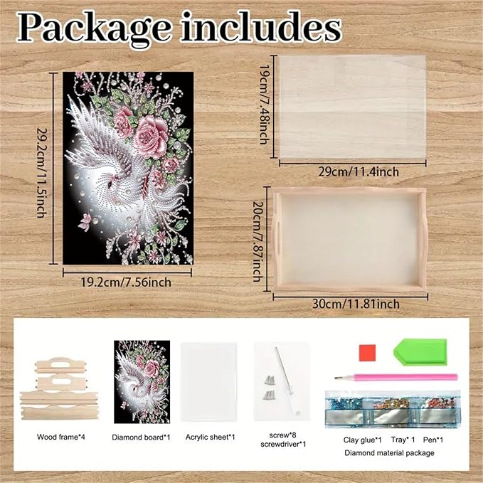 DIY Diamond Serving Tray with Handle Handmade Diamond Art Painting Wooden Rectangular Breakfast Tray for Dinner Plate Coffee Room Living Home Organizer-Bird