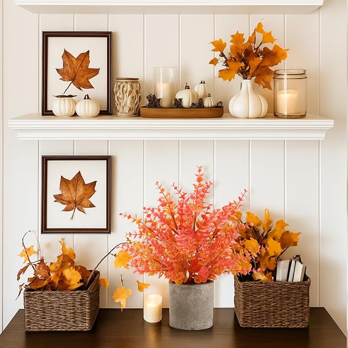 Coferset 2 Pack Fall Small Fake Plants 14" Eucalyptus Potted Artificial Plants Fall Decorations for Home Shelf Office Bathroom Desk Farmhouse Room Coffee Table Decor Fall Decor (Fall Orange-Large)