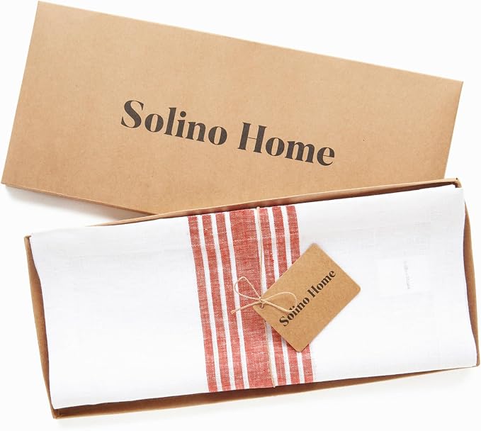 Solino Home Stripe Linen Table Runner 120 Inches Long - 100% Pure Linen Red and White Farmhouse Table Runner 14 x 120 Inch for Dining, 4th of July