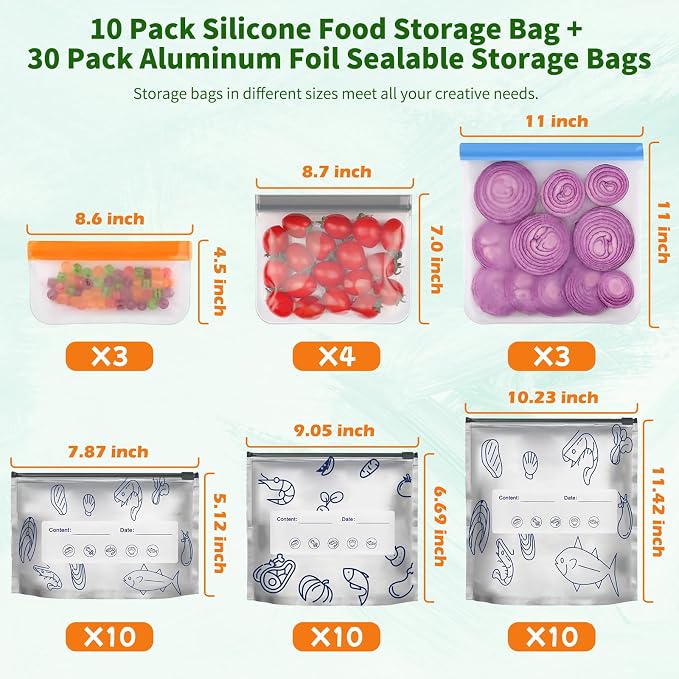 30 Pack Reusable Sealable Aluminum Foil Storage Bags + 10 Pack Leakproof Dishwasher Safe Silicone Freezer Bags - BPA Free Zipper Pouches for Vegetable Fruit Meat, Stand Up Aluminum Foil Storage Bags