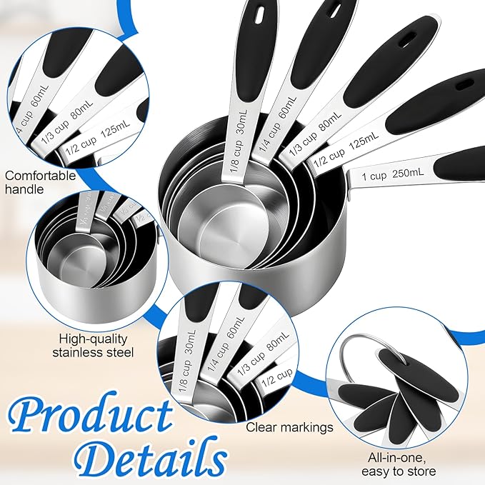 Stainless Steel Measuring Cups and Spoons Set of 10 Measuring Cups and Magnetic-Measuring Spoons Nesting Metal Measuring-Cups Set Soft Silicone Handles for Dry and Liquid Ingredients Cooking