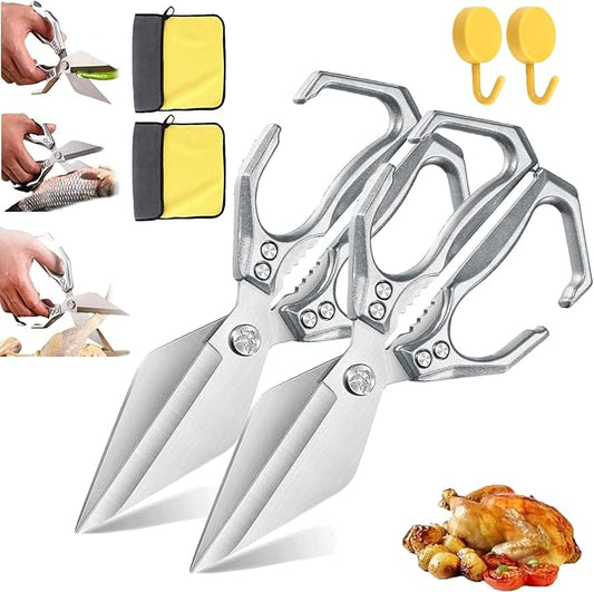 Multifunctional Heavy-Duty Kitchen Shears, Heavy Duty Kitchen Scissors with Ergonomic Handle,High-Carbon Steel Japanese Scissors for Chicken,Meat,Seafood,Bone Cutting (2*Silver)