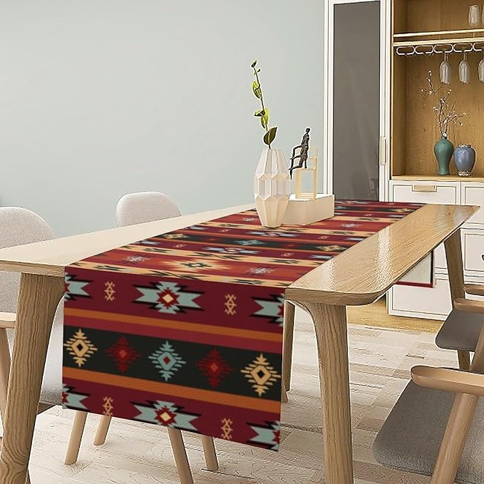 Aztec Table Runners,Red Southwestern Ethnic Aztec Tribal Geometric Table Runners for Kitchen Dining Table Decoration for Home Party Decor 13x72 Inch
