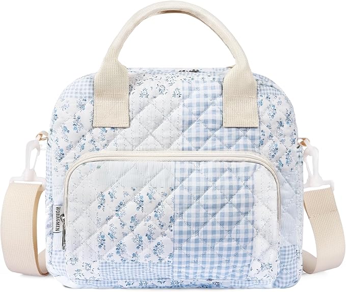 WOBAGMEN Quilted Lunch Box for Women, Insulated Lunch Bag for Adult,Cute Lunch Tote Bags for Work Picnic Travel(green blue pin,M)