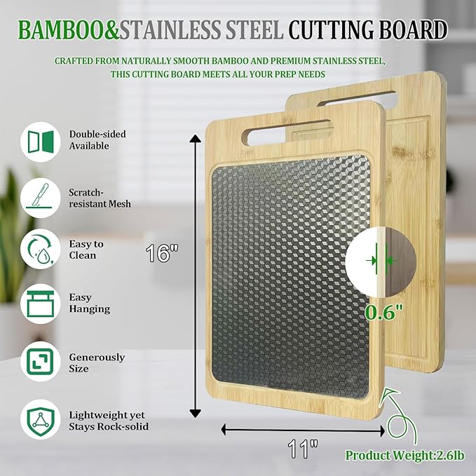 Double Sided Bamboo&Stainless Steel Cutting Board with Juice Groove and Handle, Non Toxic, Wooden Chopping Boards for Kitchen,Charcuterie Board,Ideal Gift for Housewarming(15”×11”Large YC)