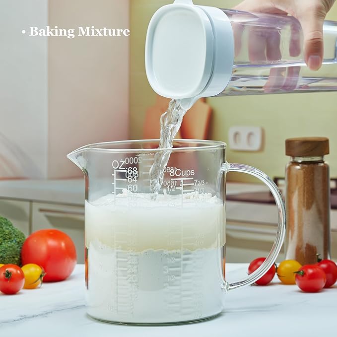 Ackers BORO3.3 Borosilicate Glass Measuring Cup with Insulated Handle, V-Shaped Spout, Clear, 2000ml/64oz Capacity, Etched Graduation, Easy to Read