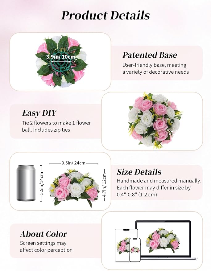 BLOSMON Flower Balls Centerpieces for Table: 6 Pcs Pink White Faux Roses | 9.5 Inch Fake Kissing Floral Ball Arrangements for Wedding - Artificial Flower Bouquet with Base Home Party DIY Decor
