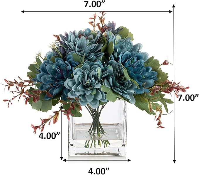 ENOVA FLORAL Mixed Artificial Daisy Floral Arrangements with Vase, Table Centerpieces for Dining Room, Silk Daisy in Glass Vase with Faux Water for Home Decor, Wedding Centerpieces (Blue)
