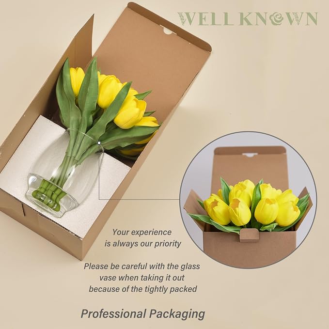 WELL KNOWN 12 Pcs Fake PU Tulips Artificial Flowers in Vase with Faux Water, Spring Summer Yellow Flower Arrangement with Glass Vase for Home Wedding Party Decor Dining Table Centerpiece & Gift