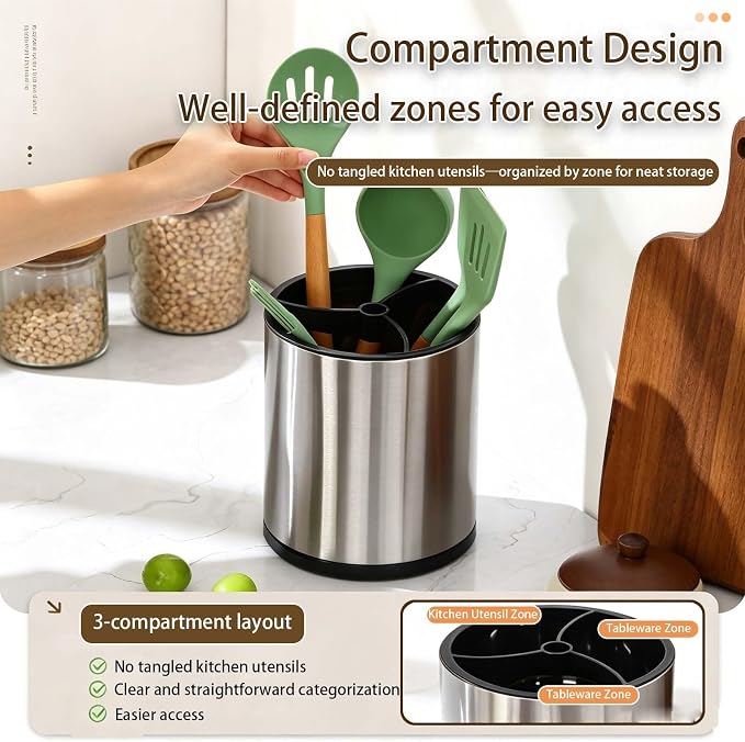 360° Rotating Kitchen Utensil Holder For Countertop,Large Utensils Crock Stainless Steel,Stable Cooking Utensil Holder With 3 Compartment,Drainage Non-Slip For Spatulas,Spoons(Gray)