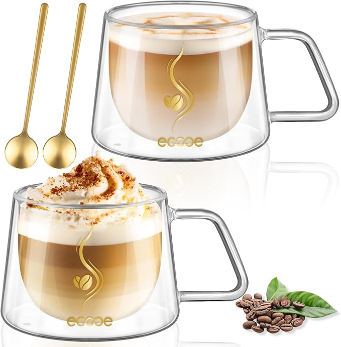 ecooe Double Walled Glass Coffee Mug 12oz Cappuccino Latte Macchiato Cups Set of 2 Clear Glass Coffee Cups with Handle, 350 ml (full capacity) Double Wall Glass Cup for Tea Milk Juice, Birthday Gifts