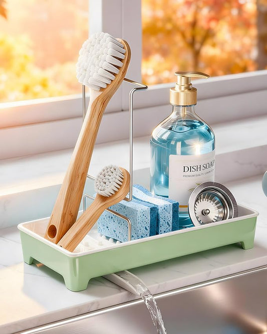 Minimalist Sink Caddy, Rustproof Sponge Holder for Kitchen Sink with 304 Stainless-Steel Brush Holder, Countertop Rack Organizer with Raised Ridges & Silicone Drain Tube (Mint Green, Large)