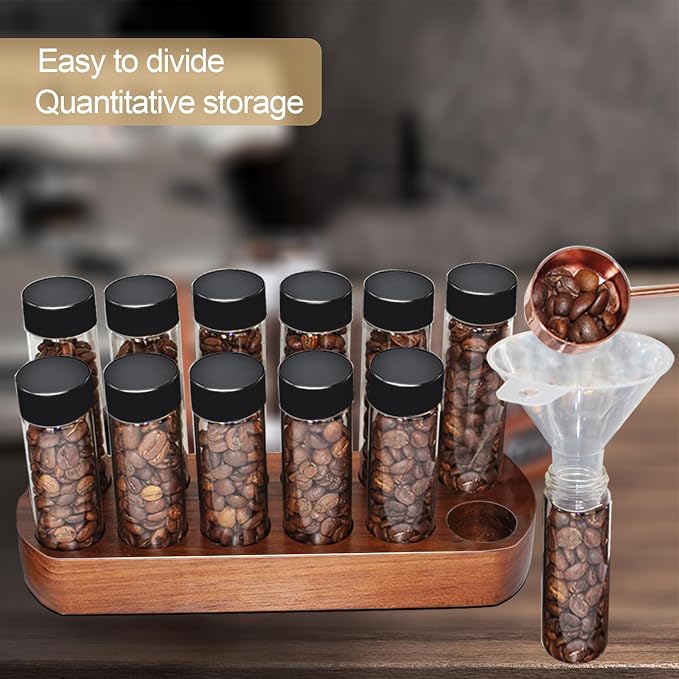 Single Dose Coffee Bean Storage Tubes - 12pcs Coffee Beans Container,Coffee Vials dosing container,glass espresso container with Wood Display Stand and Funnel (Type 1)