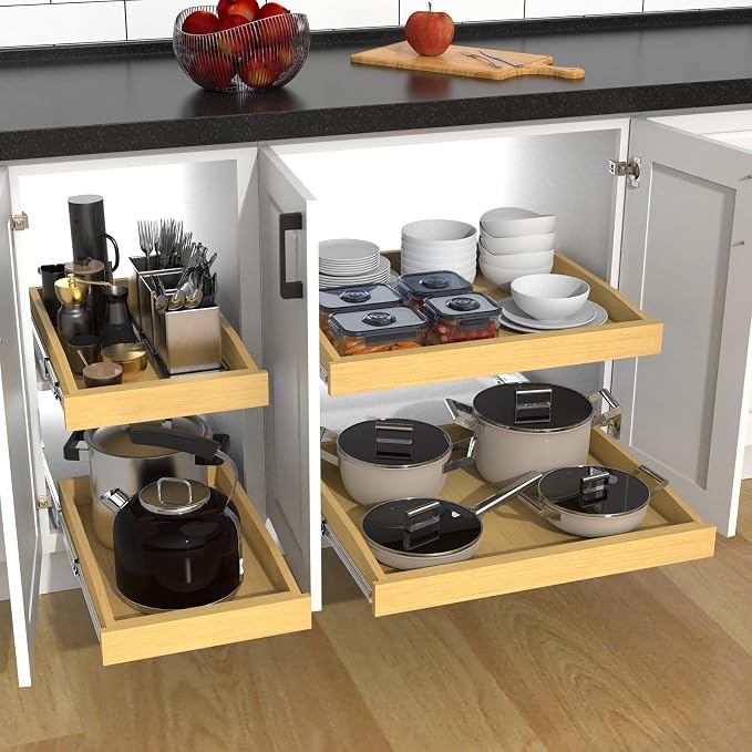 Wooden Pull out Cabinet Organizer 26" W x 21" D x 3.35" H, Heavy Duty Slide Out Drawers Pull-Out Home Organizers for Kitchen Cabinets