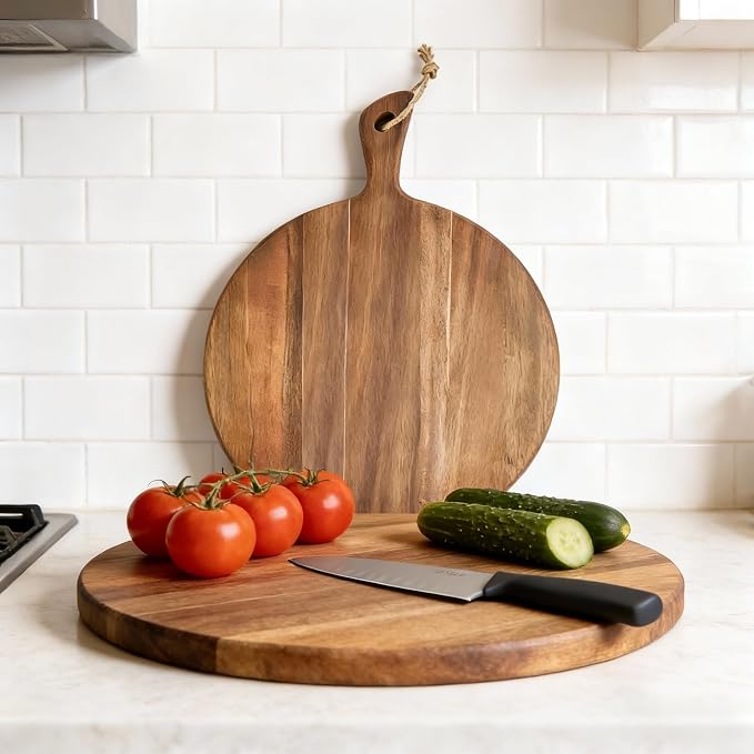 Acacia Wood Cutting Board for Kitchen with Rope on Handle, 16x12 Inch Round Wooden Cutting Boards for Kitchen/Charcuterie Board/Serving Board/Cheese, Bread, Vegetable & Fruits Serving/Pizza Board