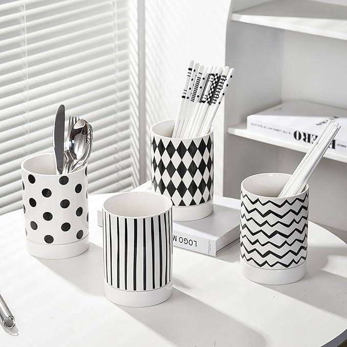 Dxcaicc Ceramic Kitchen Utensil Holder, Multiple Drain Holes, Drain Tray, Vertical Stripe