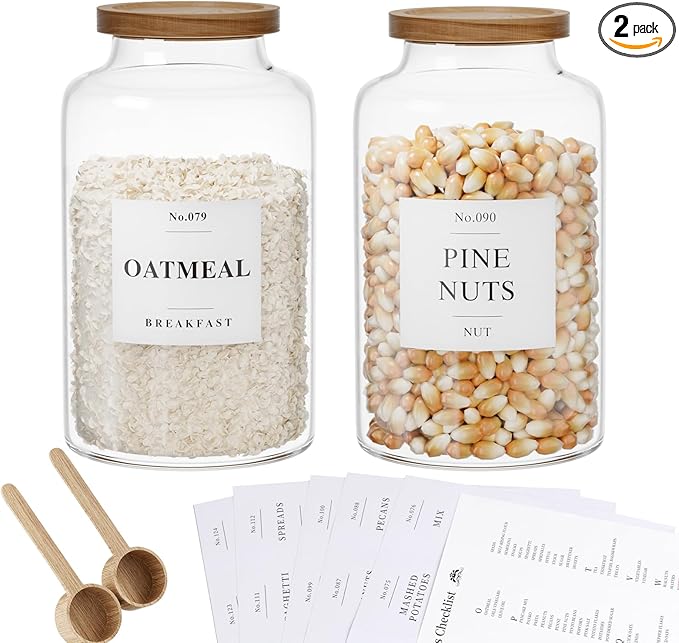 2 PCS Flour Sugar Storage Containers Glass, Large Glass Food Storage Jars with Wood Airtight Lids, 132 Pantry Labels and 2 spoon for Coffee, Flour, Sugar, Spice (98 oz/2800 ml)