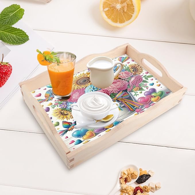 DIY Diamond Serving Tray Rectangular Breakfast Tray with Handle Handmade Diamond Art Painting Wooden Tray for Dinner Plate Coffee Room Living Home Organizer-Bouquet