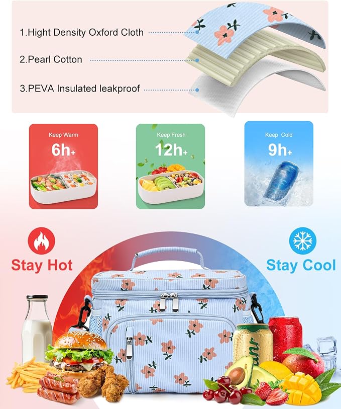 Insulated Lunch Bag for Men & Women, 9L Leakproof Lunch Box Soft Cooler Tote with 5 Pockets, 600D Oxford, EVA Lining, Adjustable Strap for Work, Picnic, Beach&Travel-Corduroy Pink Flower