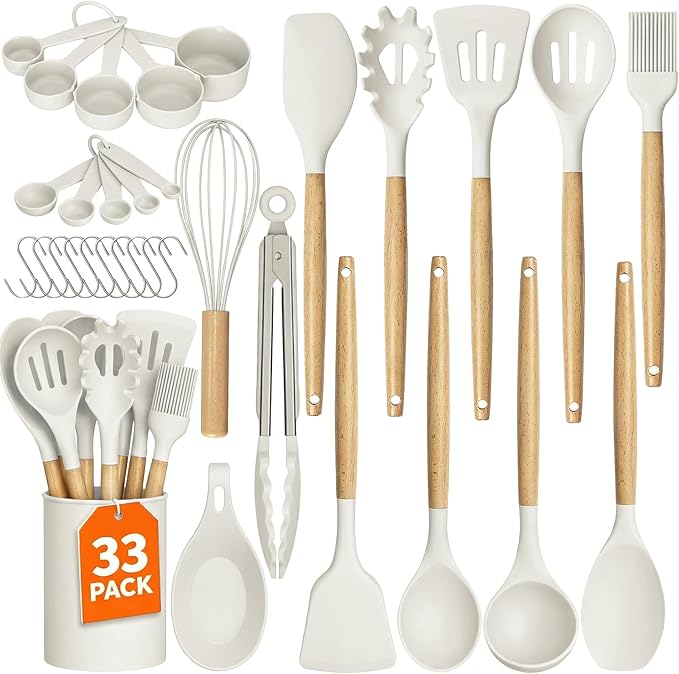 WISELIFE Kitchen Utensils Set - 33 PCS, Heat-Resistant Silicone Cooking Utensils Set with Wooden Handle, BPA-Free Kitchen Gadgets Spatula Sets with Holder for Nonstick Cookware (White)