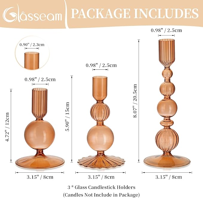 Glasseam Candle Sticks Holder Decor: Amber Glass Candle Holders Set of 3 Modern CandleHolders for Taper Candlesticks Unique Fall Candle Holders for Halloween Centerpiece Table Decor Thanksgiving