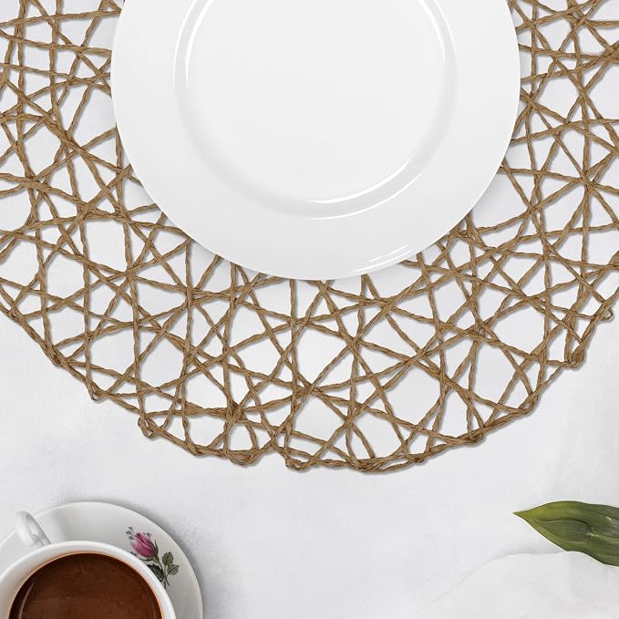 comfoyar Round Paper Braided Placemats Set of 12, 13 Inch Non-Slip Light Brown Hand Woven Place Mats, Natural Table Mats for Indoor Outdoor Kitchen Dining Party Table Decoration