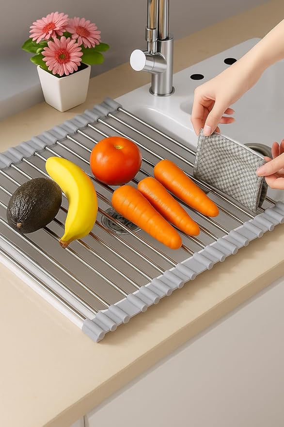 Over Sink Dish Dryng Rack - Roll Up Stainless Stell & Silicone Drying mat, Heat Resistant, Non-Slip & Foldable, Space Saving Kitchen Organizer (17.3"x 15.7")