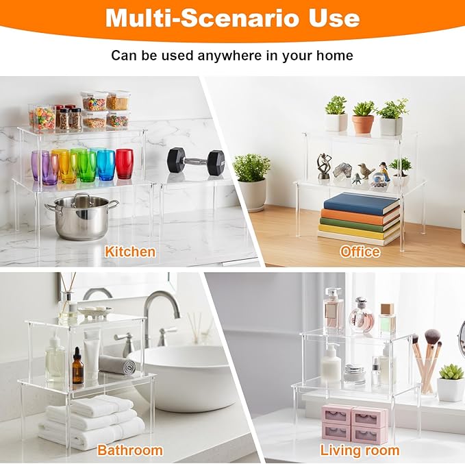 4 Pcs Clear Acrylic Cabinet Organizer Shelves, Stackable Spice Rack & Shelf Riser for Kitchen Pantry, Countertop, Bathroom, Desk & Cupboard Storage, Versatile Display Organizer for Makeup