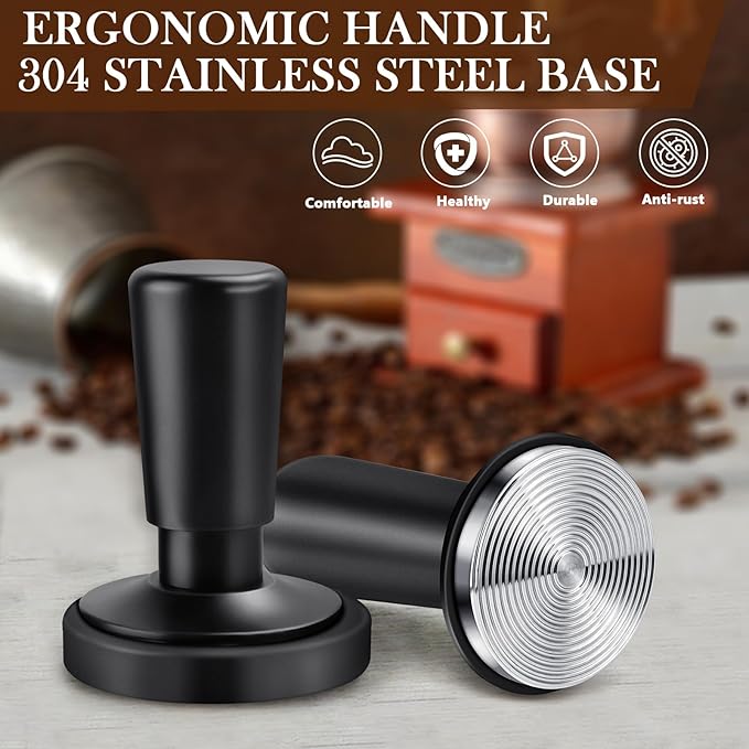 Espresso Coffee Tamper with Calibrated Spring-loaded 25lb / 30lbs Replacement Springs Ripple Base Black Premium Barista Tool Anodized Aluminum (58mm)