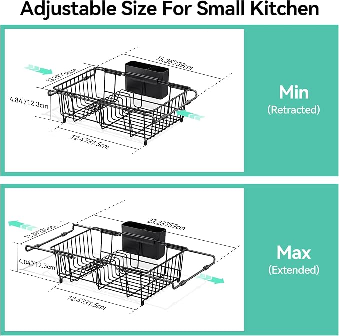 Urackify Dish Drying Rack in Sink, Expandable (15.35"-23.23" L) Over the Sink Dish Rack with Utensil Holder & Cup Holder for Compact Kitchen, Space - Saving Dish Drainer for Inside Sink, Black