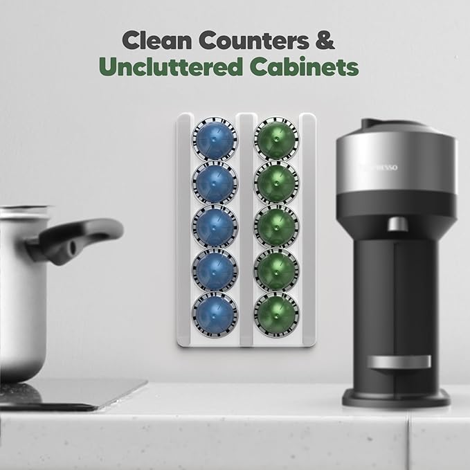 GALVANOX Wall Mounted Holder for Nespresso Vertuo Pods Organizer, 10 Capsule Stick On with Adhesive Backing - Low Profile Vertuoline Wall Mount, Under Cabinet (Clear Acrylic)