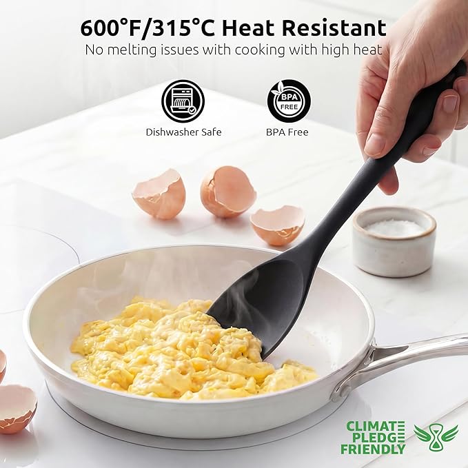 600ºF Heat Resistant Spatula Spoon: U-Taste Flexible Silicone Cooking Scoop Spoonula, Serving Mixing Scraping Food in Non-Stick Pan Cookware, Seamless Multifunctional Kitchen Utensil (Black)