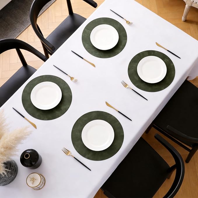 MOSAYT 13 Inch Round Vinyl Placemats Set of 4 - Faux Leather 100% Waterproof Oil-Proof Wipeable PU Place Mats, Heat Resistant Reversible Table Mats for Kitchen, Dining, Outdoor, Olive Green